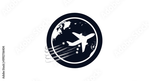 Airplane Flying Around Stylized Globe in Black Circle Logo on Isolated White Background