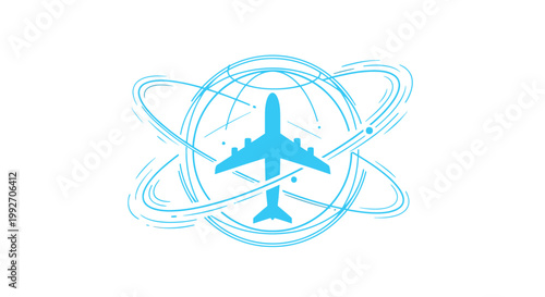 Blue Airplane Flying Around Abstract Globe with Orbiting Lines on Isolated White Background