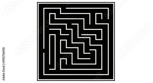 Simple Black Square Maze Puzzle with Clear Path on Isolated White Background