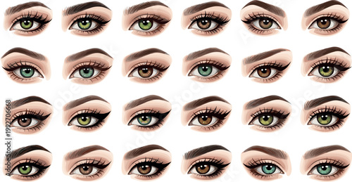 Female eyes collection with different shapes and makeup styles, realistic beauty vector illustration set for cosmetics and fashion design