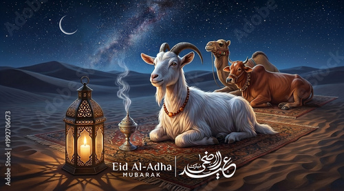 eid al adha Mubarak Translated: in arabic calligraphy of text greeting card and social media post with  Butcher chef knife for cutting meat illustration you can use it for islamic occasions like  Eid 