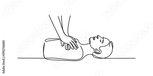 A single continuous line drawing of a person performing cardiopulmonary resuscitation on an unconscious victim to provide emergency life saving medical assistance during a critical cardiac arrest situ