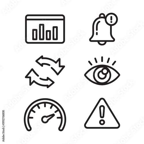 Minimalist business analytics icon set, 6 black line vector icons for data monitoring, dashboard statistics and system notification symbols