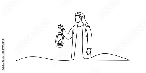 A single continuous line drawing of a person wearing traditional middle eastern clothing and a headpiece while holding a glowing lantern in their hand to illuminate the path through the desert dunes. 