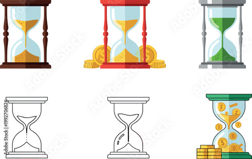 Hourglass icons set with sand timers and money concept, time and finance vector illustration collection for business design