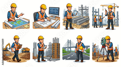 Civil Engineer and Construction Worker Illustrations Set Featuring Professionals in Safety Gear Planning, Surveying, and Managing Sites with Blueprints and Kit.