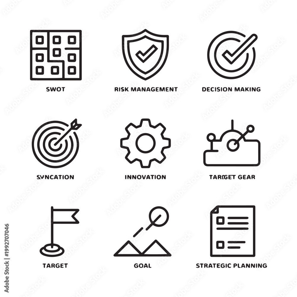 Fototapeta premium Business strategy line icons set, 9 professional management vector symbols, strategic planning and risk management icons for corporate presentations