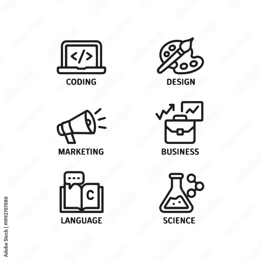 Fototapeta premium Minimalist business icon set, 6 black line icons for coding design and marketing, professional science and language education symbols vector
