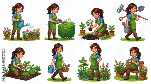 Cartoon Gardening Character Set Featuring Young Woman Planting Watering Trimming and Harvesting Vegetables and Flowers Isolated Vector Illustration Collection