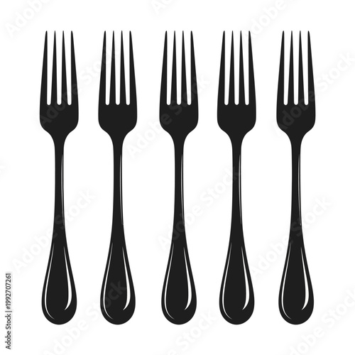 Five Black Forks Lined Up Isolated on White Background, Kitchen Utensils