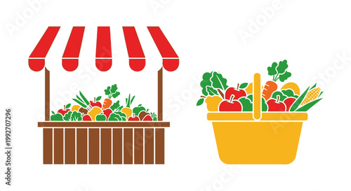 Fresh Produce Market Stall and Shopping Basket Full of Vegetables and Fruits