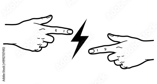 Two hands pointing at a lightning bolt symbolizing conflict and energy