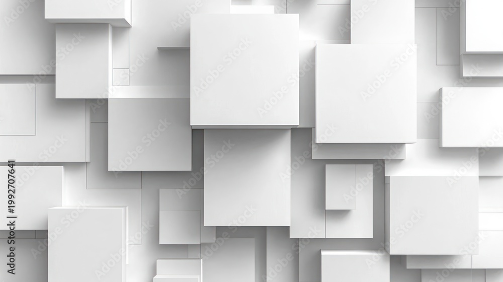 Obraz premium overlapping white 3d squares and rectangular blocks with soft shadows forming a calm minimal geometric pattern