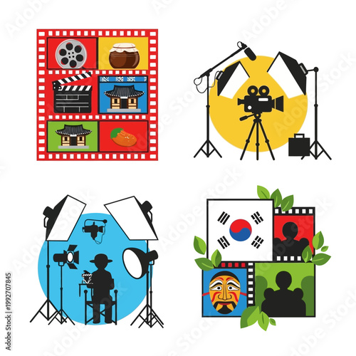 Korean Culture and Film Production Montage: Traditional Symbols, Film Set, and National Flag