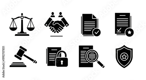 Law and Justice Icons: Scales, Gavel, Handshake, Document, Shield, Magnifying Glass, Lock