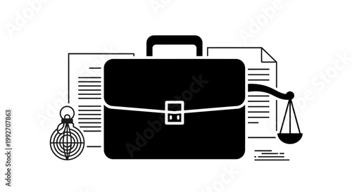 Lawyer's Briefcase with Scales of Justice, Compass, and Documents