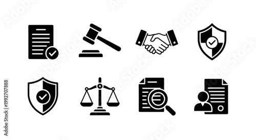 Legal and Business Icons: Contract, Gavel, Handshake, Shield, Scales, Magnifying Glass, Document