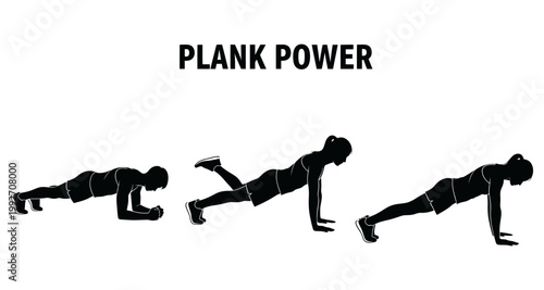 Woman performing plank exercise variations with leg lift and arm extension for fitness