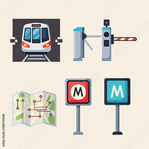 Metro Subway Station Icons: Train, Turnstile, Map, and Signs