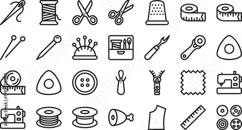 Collection of sewing tools and notions displayed as clean black line art icons.