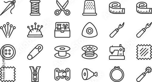 Collection of sewing and tailoring icons representing various crafting tools and materials used for garment creation