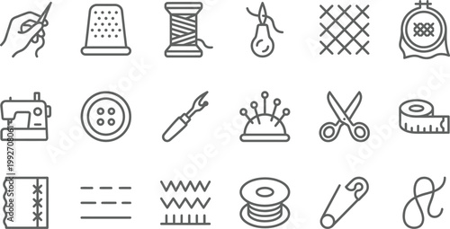 Detailed collection of essential sewing and embroidery icons featuring various professional tools for creative craft design projects