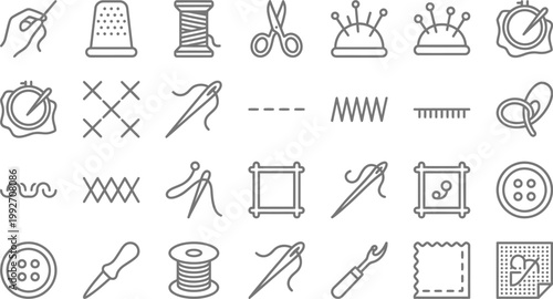 A comprehensive collection of thin line icons representing various essential sewing, embroidery, and needlecraft tools and equipment