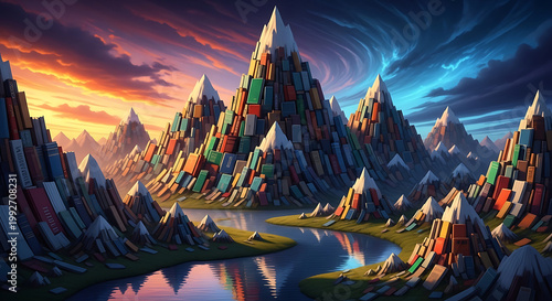 Fantasy mountain cityscape at sunset with floating islands and vibrant auroras