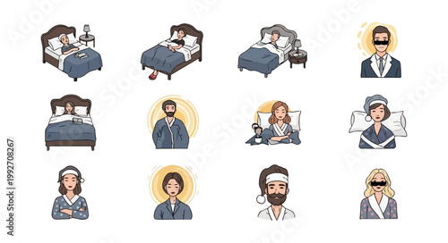 Sleep and rest icon set with people and bedding elements