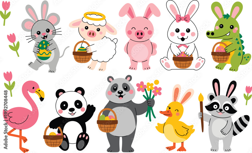 Fototapeta premium Cute animals with Easter baskets set, cartoon characters celebrating spring holiday illustration