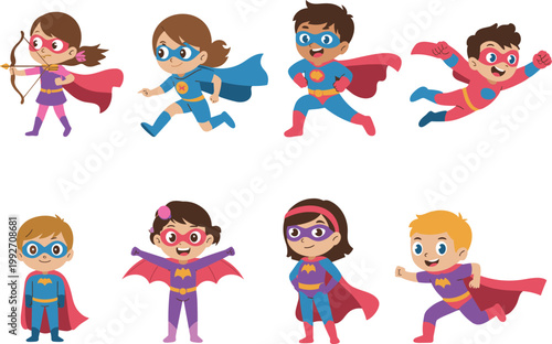 Cute kids superheroes set, cartoon children characters flying and posing in costumes