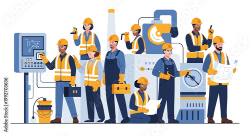 A vibrant illustration promoting World Day for Safety and Health at Work features diverse workers in helmets and PPE, standing confidently in front of industrial machinery, emphasizing