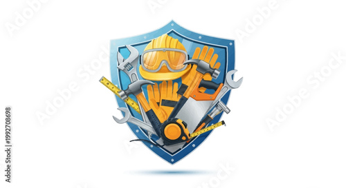 Illustrated poster promoting World Day for Safety and Health at Work, displaying worker PPE such as a helmet, gloves, and goggles arranged in a shield against a clean white background