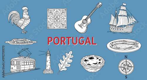 Portugal travel and culture symbols.