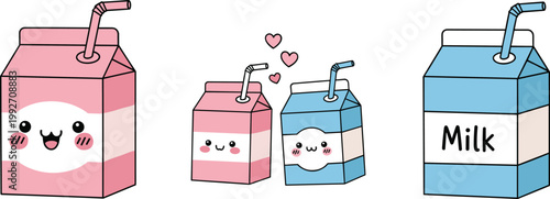 Set of Cute Kawaii Milk Cartons with Pink and Blue Colors, Hearts, and Straws for Beverage, Dairy, and Fun-Themed Designs