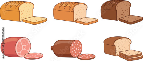 Bread and meat collection with sliced loaves, ham and sausage, bakery and deli food vector illustration set for menu design