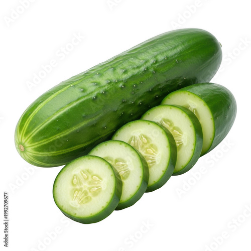 Whole cucumber and sliced pieces on white background with cucumber vegetable ingredient vitamins
