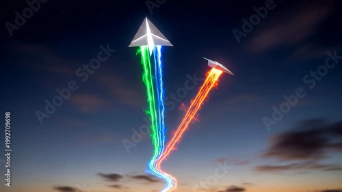 Colorful paper airplanes soaring through twilight sky