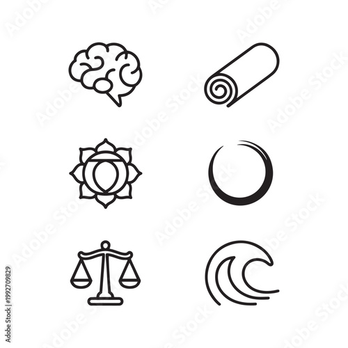 Minimalist yoga and wellness icons set, 6 black line vector symbols for mental health and meditation, zen lifestyle and balance illustrations