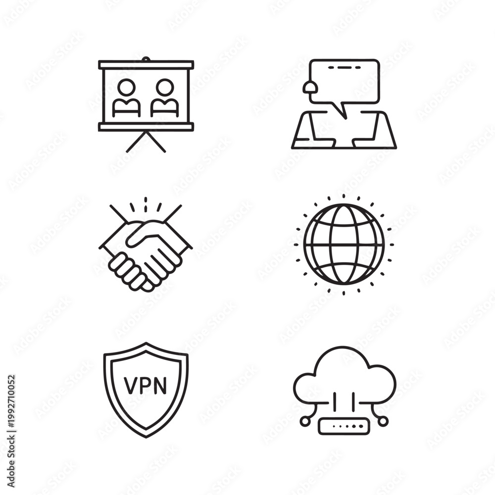 Obraz premium Minimalist business technology line icons, set of 6 vector symbols for VPN security and global networking, professional corporate communication graphics