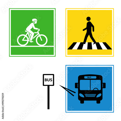 Set of traffic signs: bicycle lane, pedestrian crossing, bus stop and bus