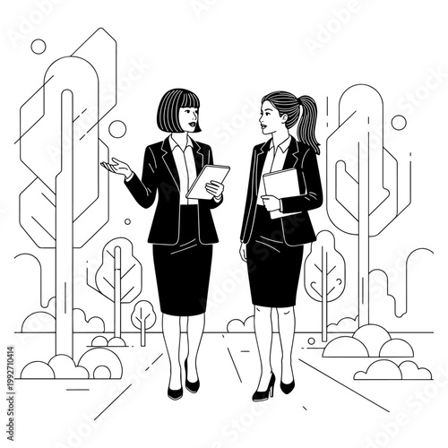 Two professional women discussing business plans in modern office with geometric wall design