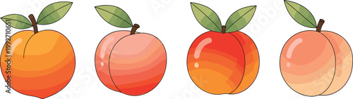 Set of Peach Fruit Icons with Various Shades and Leaves for Fresh, Healthy, and Natural Food Designs