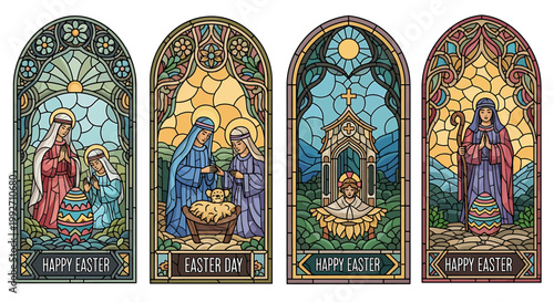 Arched stained glass panels depicting religious easter scenes with floral motifs and textual greetings vibrant colors