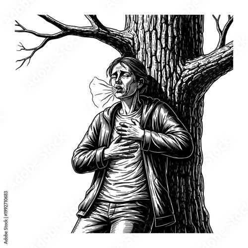 Man in distress holding bare tree branch against dark stormy background, dramatic monochrome illustration