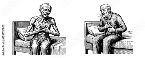 elderly couple sitting on vintage beds in classic monochrome illustration, nostalgic mood