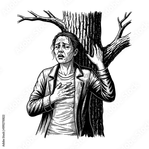 Dramatic black and white illustration of distressed man holding bare tree branches in emotional despair
