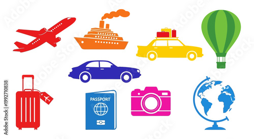 Travel Icons: Airplane, Cruise Ship, Car, Hot Air Balloon, Suitcase, Passport, Camera, Globe