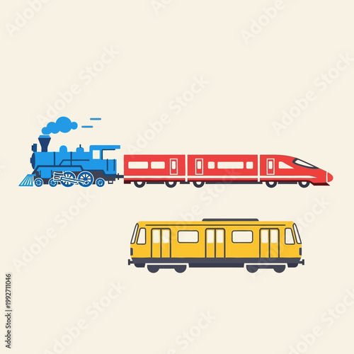 Vintage Steam Train and Modern Subway Train Comparison