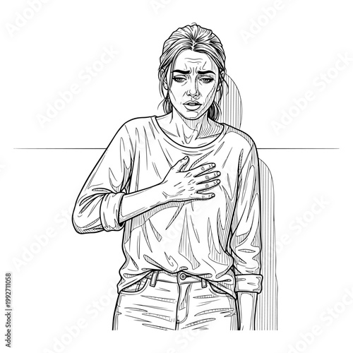 Young woman holding chest in discomfort illustrating heartburn or stress concept line art illustration